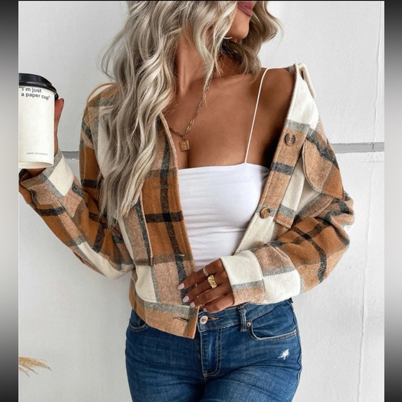 Boho navy blue plaid button down cropped jacket - Picture 8 of 16